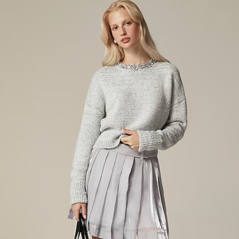 J crew Embellished pullover sweater Light Grey Silver Metal
